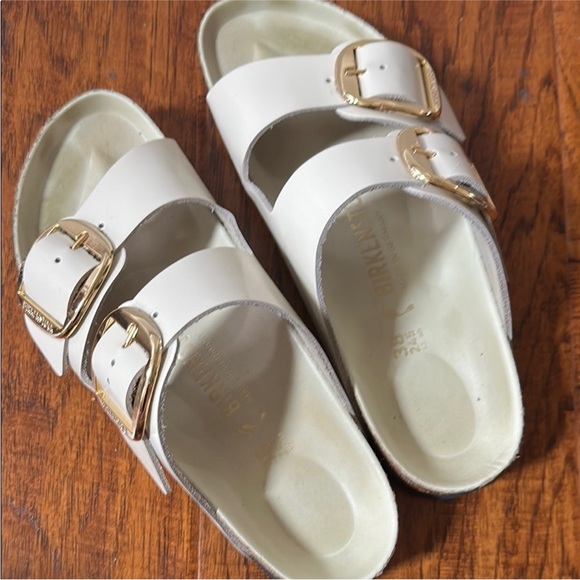 Birkenstock Cream Sandals with Gold Buckles - Picture 2 of 6